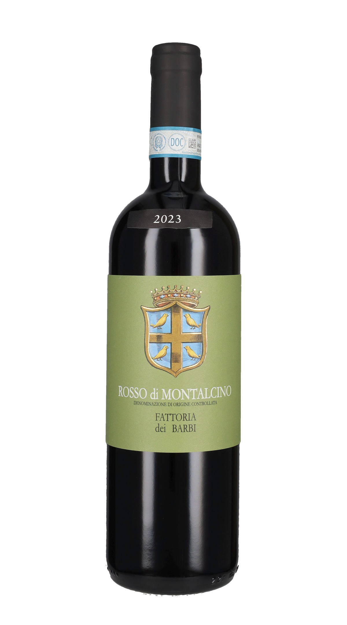Front label detail of Fattoria dei Barbi Rosso di Montalcino DOC highlighting its Sangiovese varietal