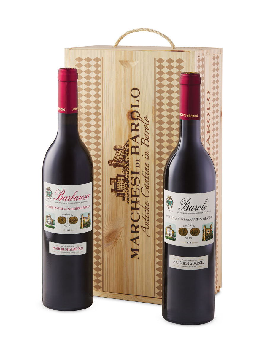 Marchesi di Barolo Tradizione Barolo and Barbaresco Duo 2016 gift set bottles