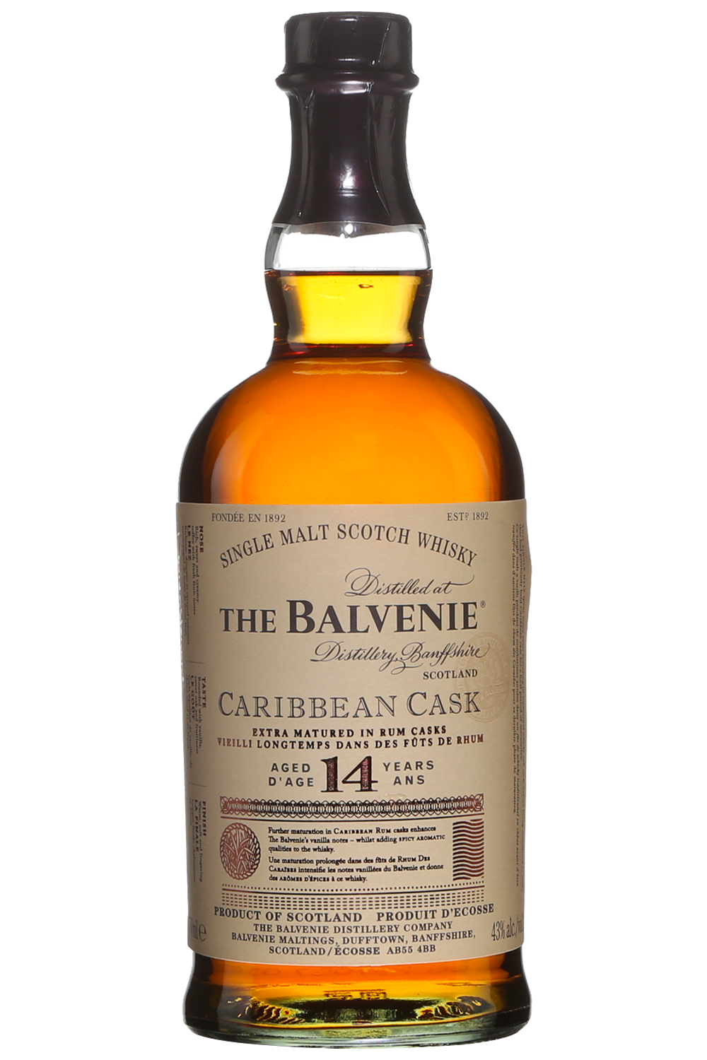 The Balvenie Caribbean Cask 14 Year Old Scotch Whisky bottle, alternate angle gift bottle