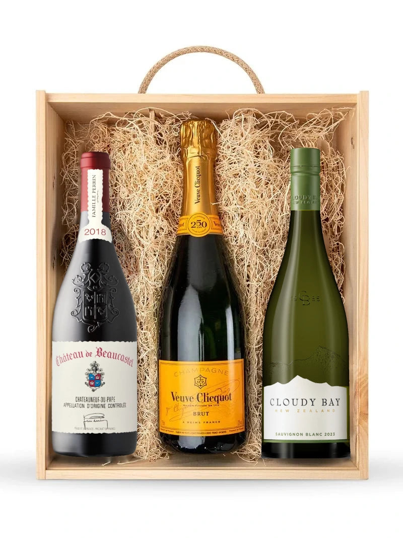 Château de Beaucastel, Veuve Clicquot and Cloudy Bay in a Vyno wooden three-bottle gift box