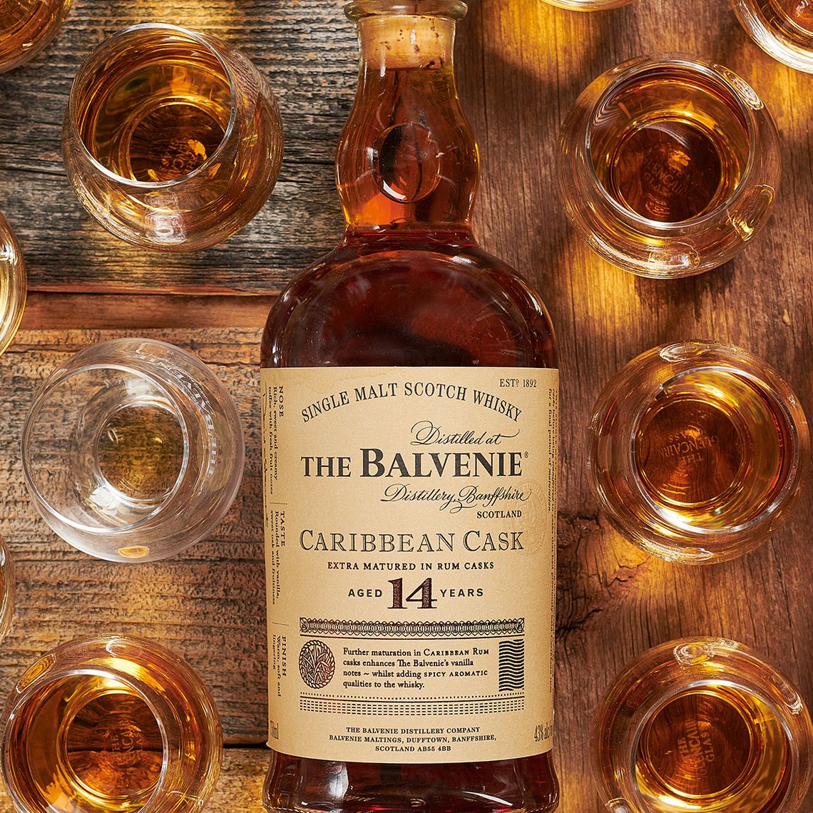 The Balvenie Caribbean Cask 14 Year Old Scotch Whisky label close-up gift bottle